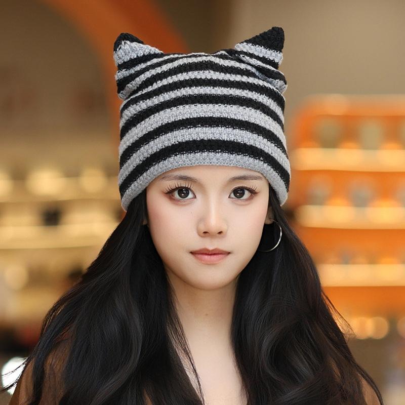 Korean Cute Cat Ear Knitted Hat Winter Keep Warm Retro Stripe Beanie For Women