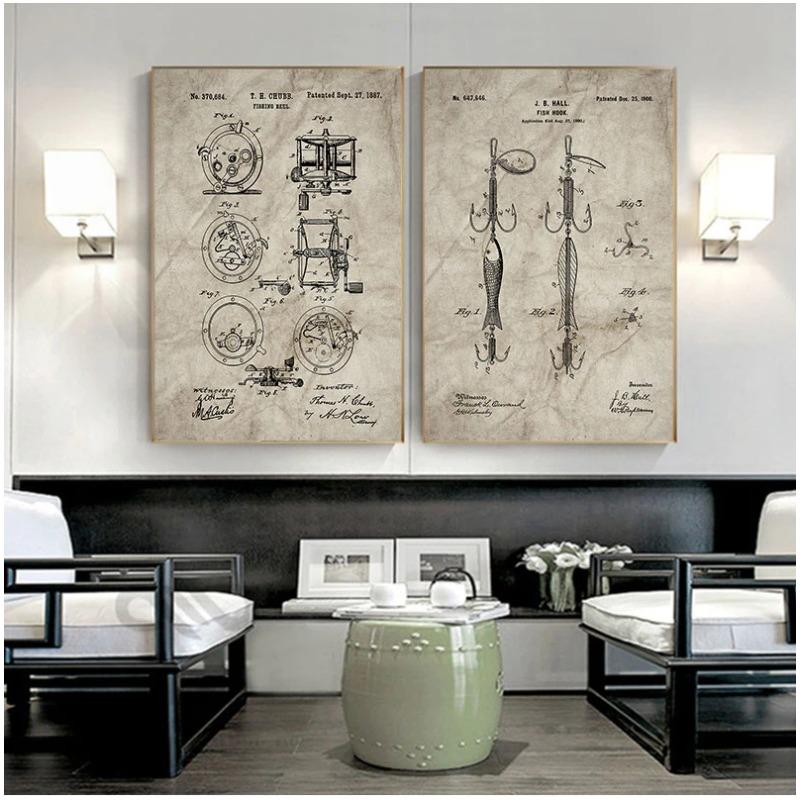 Vintage Fishing Patent Canvas Poster Fishing Tackle Equipment Painting Prints Angling Design Picture Retro Wall Art Decoration