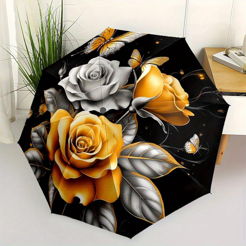 1pc Automatic Open/Close Umbrella - Elegant Golden Roses & Butterflies Floral pattern, Black Background with Golden Roses - Co