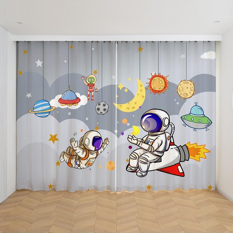 2 szt. Niestandardowe Kreskówkowe Zasłony z Motywem Kosmosu, Rakiety Kosmicznej dla Dziecięcej Sypialni, Salonu, Dekoracji Okiennych, Zasłony Kuchenne