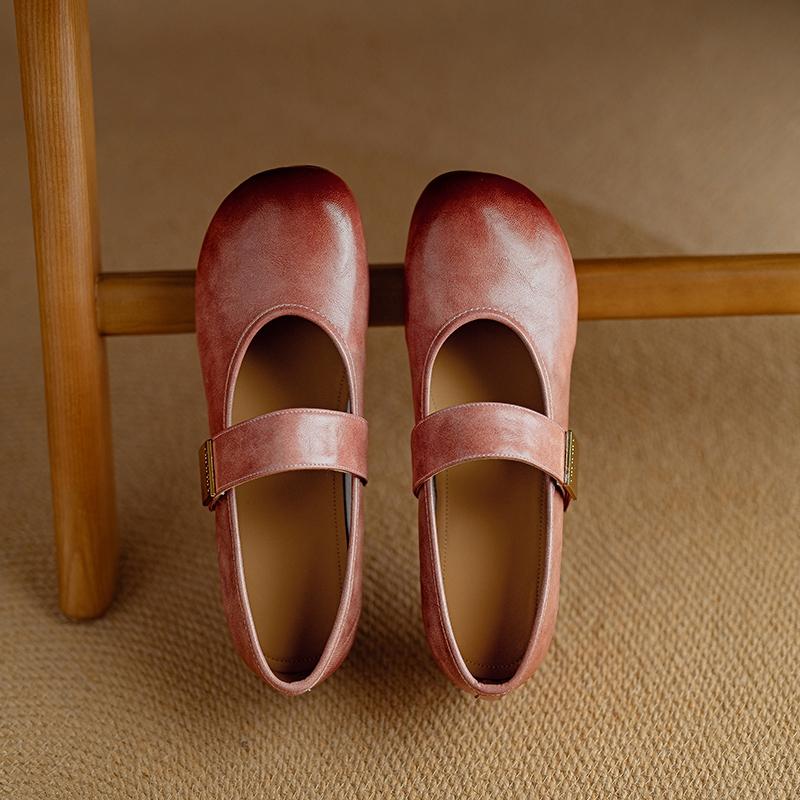 Fashion Women's New Leather Cowhide Round Head Metal Belt Buckle with Raised Center Heel Mary Jane Casual Single Shoe