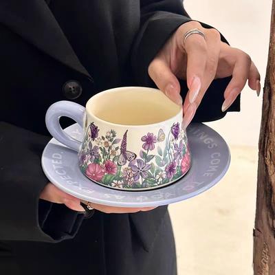 Retro Ceramic Cup And Saucer Feeling Violet Oil Painting Coffee Cup And Saucer Set Afternoon Tea Latte Mug Gift Box