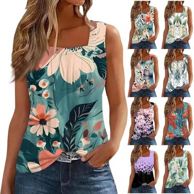 Women's Fashion Casual Pleated Square Collar Sleeveless Vest Print Summer T-shirt