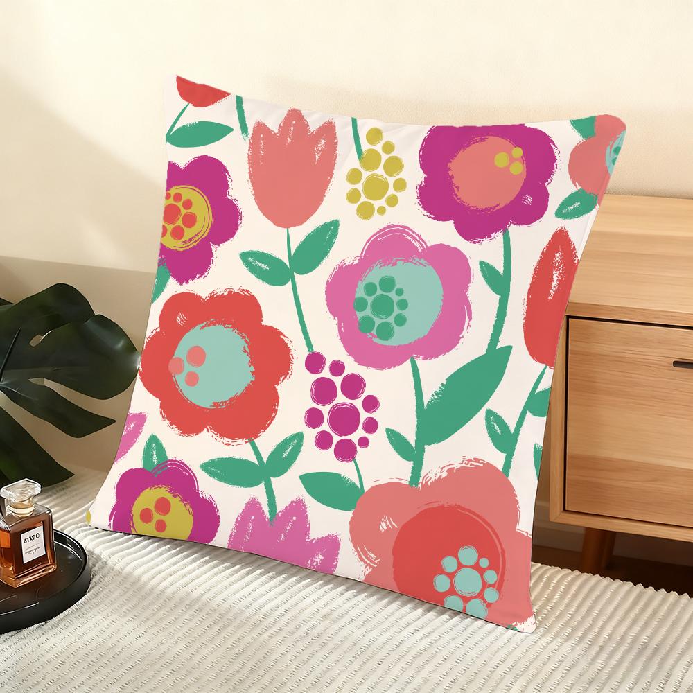 Colorful Flowers Cushion Cover Soft Short Plush Pillow Cover Smooth Cozy Texture Aesthetic Cushion Case Home Decor