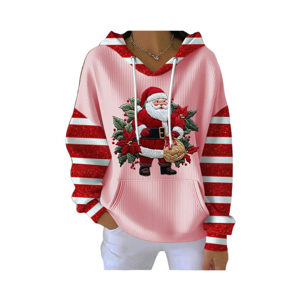Women's Loose And Comfortable Drawstring V-neck Long Sleeved Christmas Print Hoodie