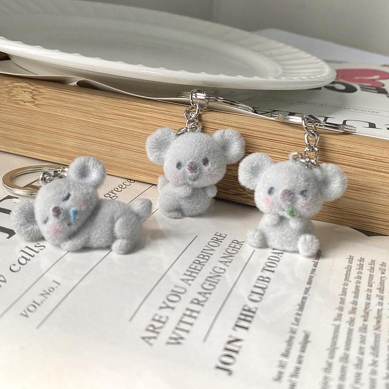 Flocked Koala Keychains Resin Cartoon Cute Stuffed Animal Charms Bag Pendant Keychain For Men Women Friends Couple