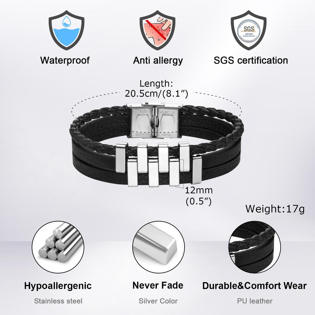 Mens Leather Bracelets,Stylish Stainless Steel 3 Layer Black Bracelets,New Fashion Jewelry Gift for Father Dad Husband BFF Son