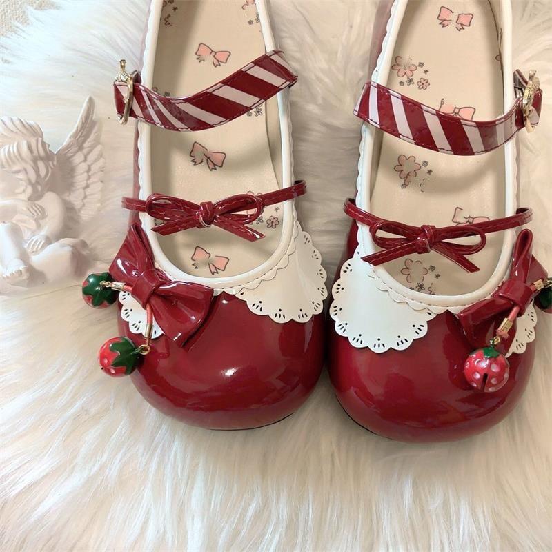 Japanese Strawberry Big Head Shoes Lolita Cute Round Head Low Heel Mary Jane Small Leather Shoes Medium Heel Girl Jk Uniform Shoes