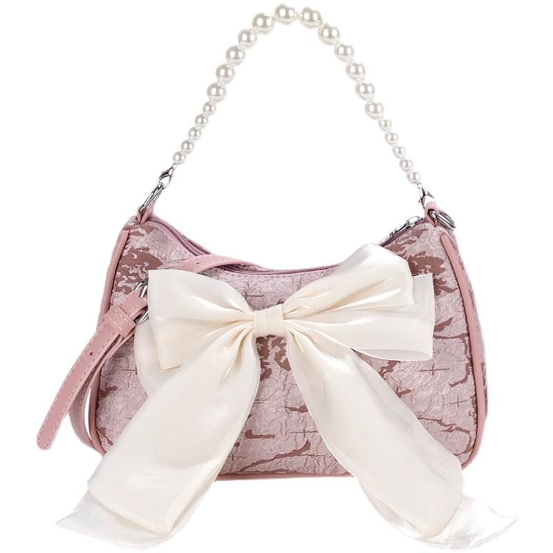 Women's Pearl Chain Handbag Fashion Light Luxury Texture Fairy Bow Crossbody Bag  Trend Soft Shoulder Underarm Pack Female