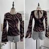 Damen Exklusives rückenfreies Leopardenmuster Schnürung Langarm Slim Fit Oberteil