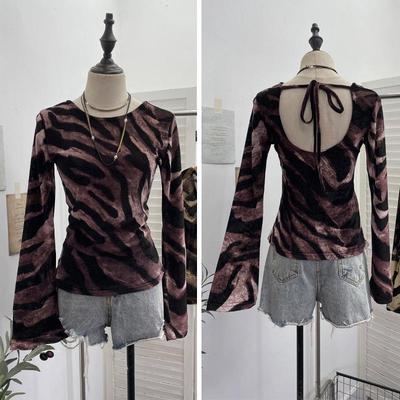 Damen Exklusives rückenfreies Leopardenmuster Schnürung Langarm Slim Fit Oberteil