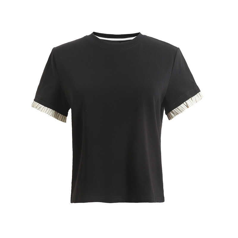 

Chic Niche Design Loose Shoulder Short Sleeve T-shirt Contrast Color Stripes Lace Shorts Casual All-Match Suit Black T-Shirt L