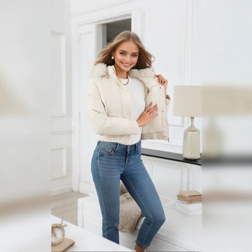 2025 European and American Women's Autumn and Winter New Short Slim High-waisted Cotton Jacket, Casual Thickened Fur Collar and Fleece Padded Jacket