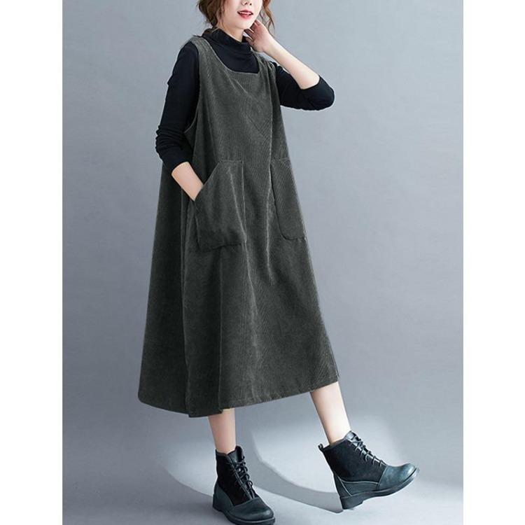 

Plus Size Women Corduroy Sleeveless Long Dress Casual Loose Large Lady Dress 2XL темно-сірий
