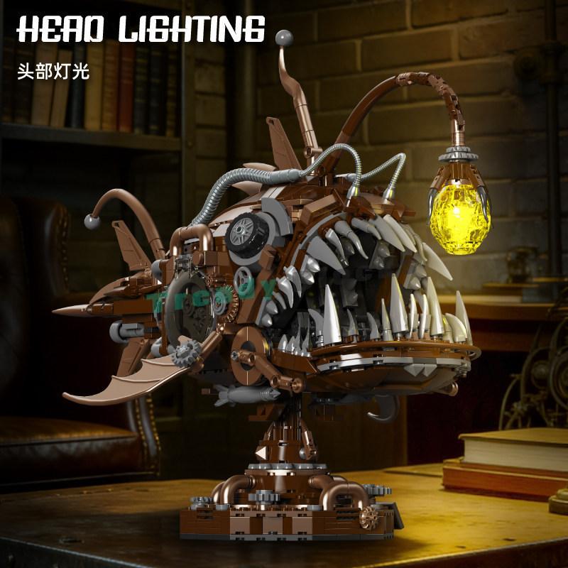 1236PCS Mechanical Lanternfish Marine Animal with Lights Building Blocks,Technical Steam Punk Retro Deepsea Manta Ray Toys Gifts