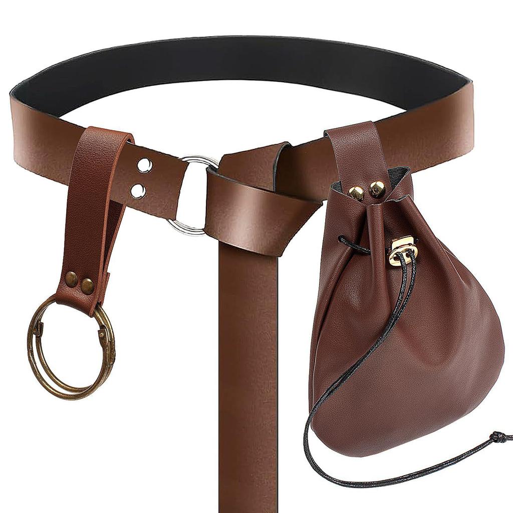 Medieval Leather Waistband Belt with Cord and Pouch