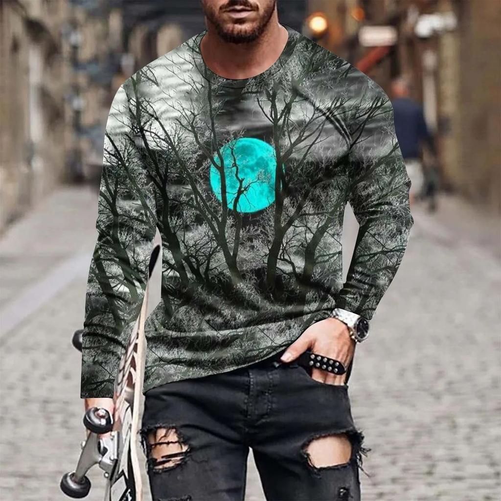 Fashion Street Personality Man Spiderweb Halloween Hd 3d Printed Long Sleeve T-Shirt Plus Size Loose Comfortable Jumper