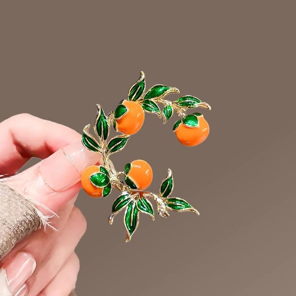 Elegance Persimmon Enamel Brooch: Pastoral-Style Chinese Corsage Pin for Women