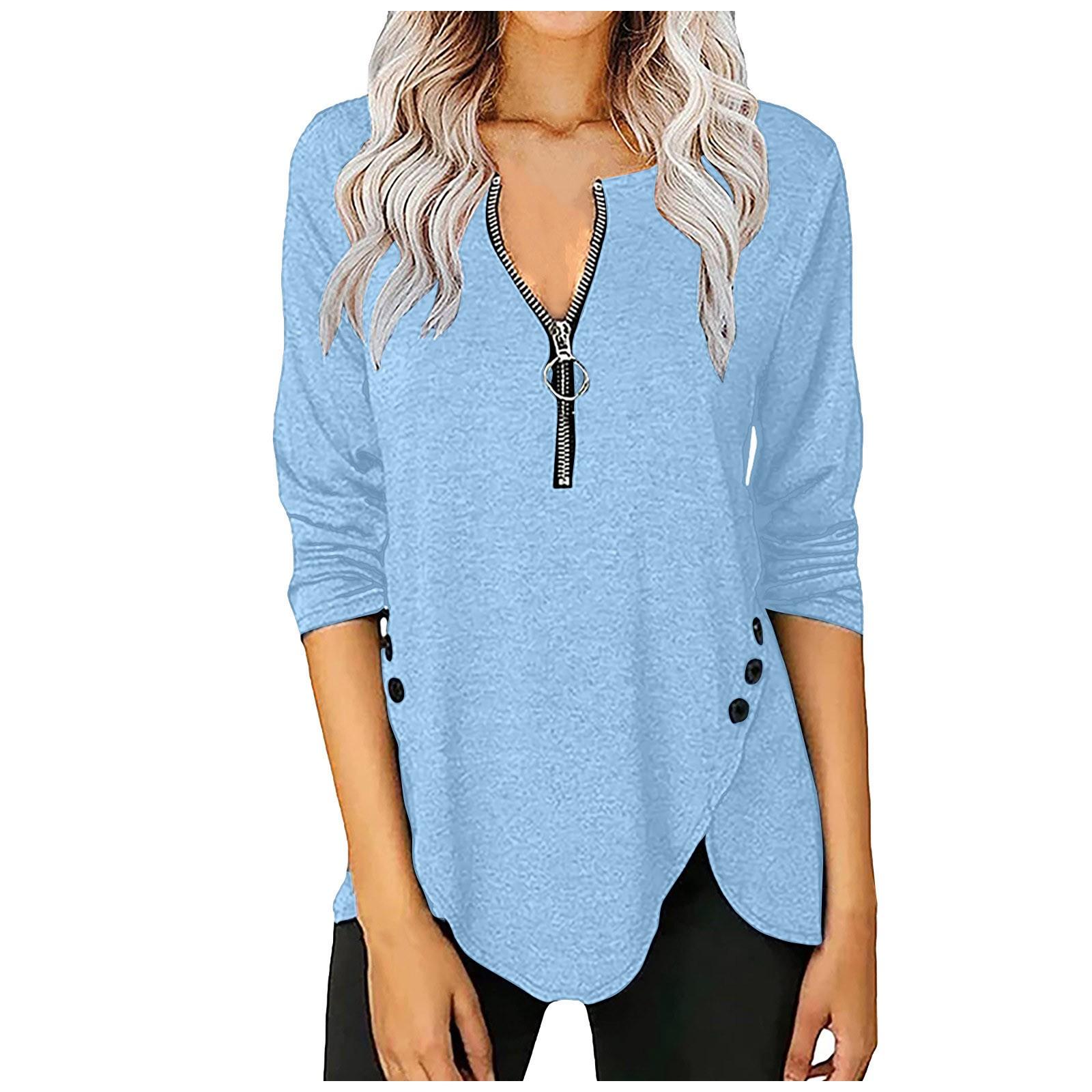 

Женская повседневная осенняя футболка с длинными рукавами на молнии и пуговицах XL