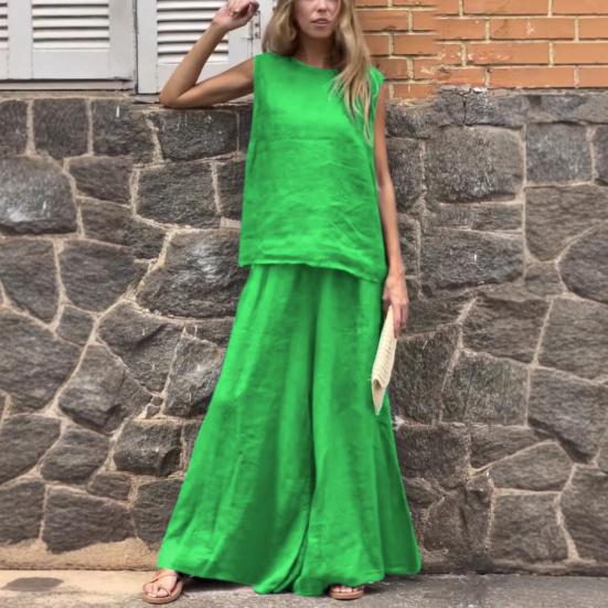 2-teiliges Sommer-Outfit für Damen, ärmelloses Tanktop und Hose mit weitem Bein, lässiges Lounge-Set aus Leinen und Baumwolle, passendes Strand-Set