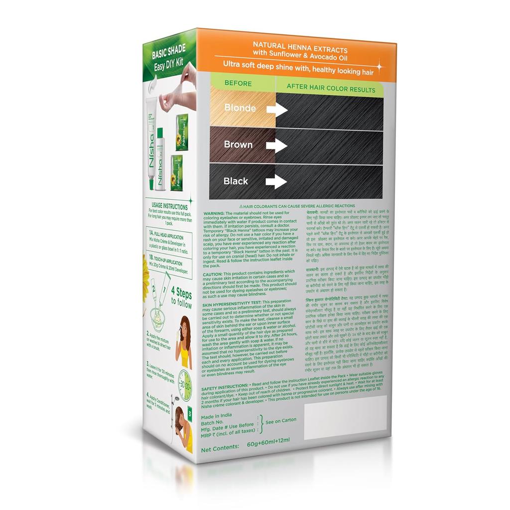 Nisha Cream 1.0 Natural Black Hair Color Kit Ammonia Free Permanent Shine Grey Coverage For Women Men Home Use