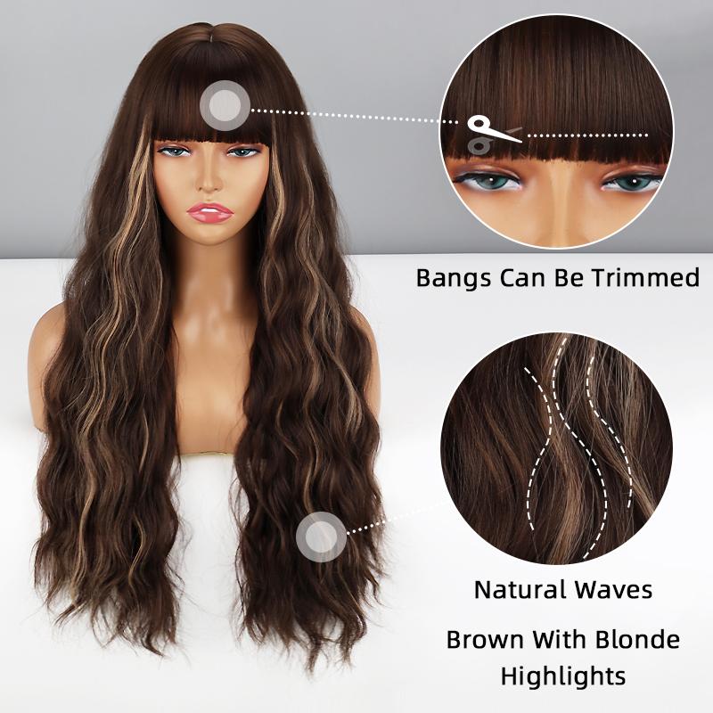 LISI HAIR Brown with Blonde Highlights Ombre Color Long Wavy Wig with Bangs Synthetic Fiber Women Daily Wear Cosplay Wavy Wig