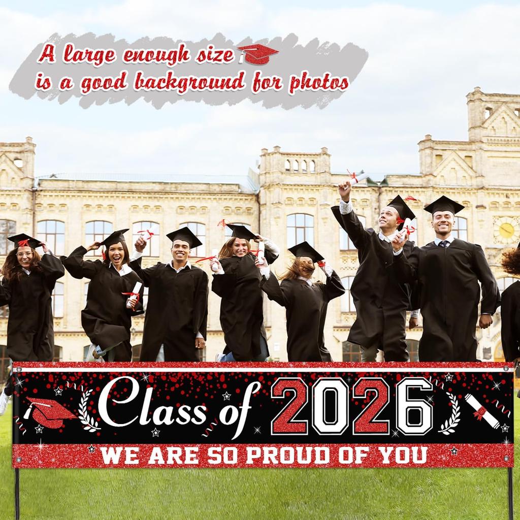 Black and Red Graduation Banner, Large Graduation Decorations Class of 2026 Congrats Grad Hanging Banner Yard Sign 118"x 24" for Indoor Outdoor 2026