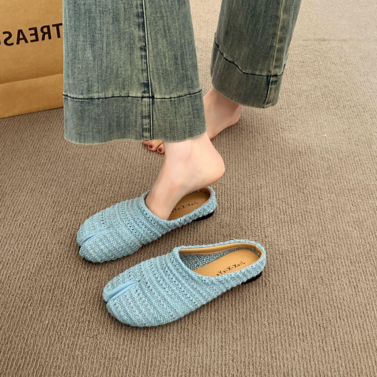 Flat-Bottomed Pig S Trotters Are Not Tired, Niche Semi-Slippers, Women S Summer Outer Wear, Bag Head Split Toe Breathable Design, Versatile Woven Foot 35 синий