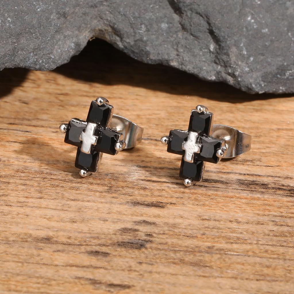 Cross Zircon Stud Earrings for Men Boys,Hip Hop Black White CZ Stone Metal Earring,Trendy Jewelry Gifts