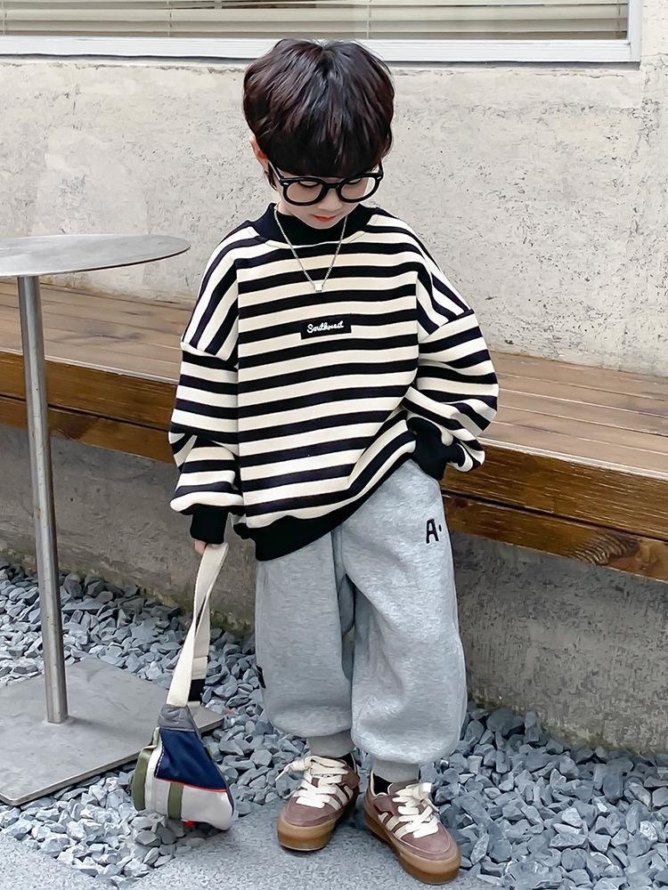 Fairy Tale Memory 2025 Boys' Striped Fleece-Lined Sweatshirt - Autumn/Winter Base Layer