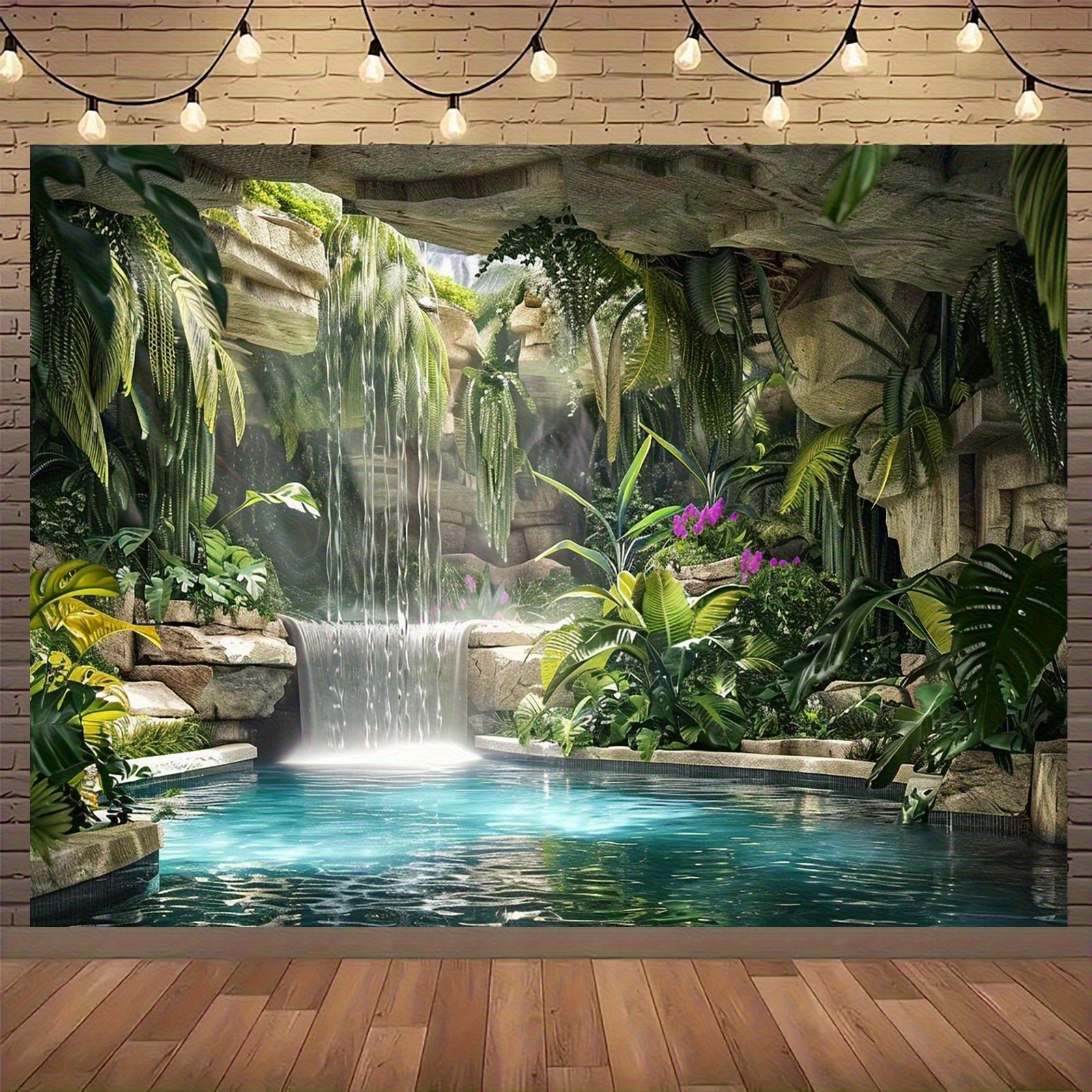 One tropical forest waterfall - a vivid jungle scene with lush greenery indoor and outdoor decoration and a party backdrop 100x150cm
