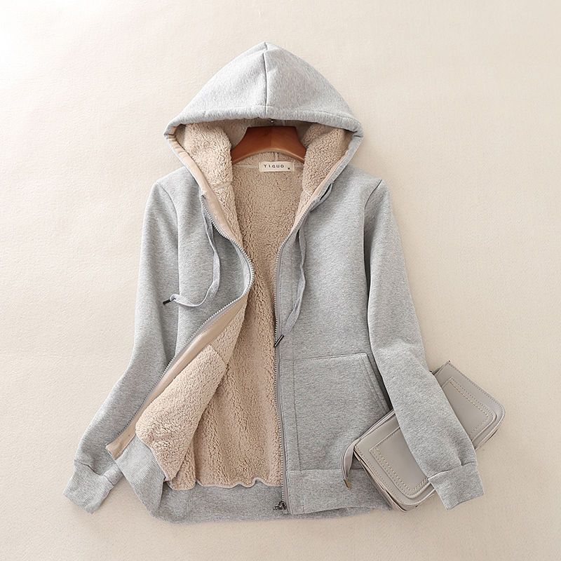 

Флисовый свитер женский осенне-зимний свободный повседневный хлопковый термокардиган с капюшоном на молнии утолщенная куртка из овечьего пуха 3XL recommends 145-80 kg