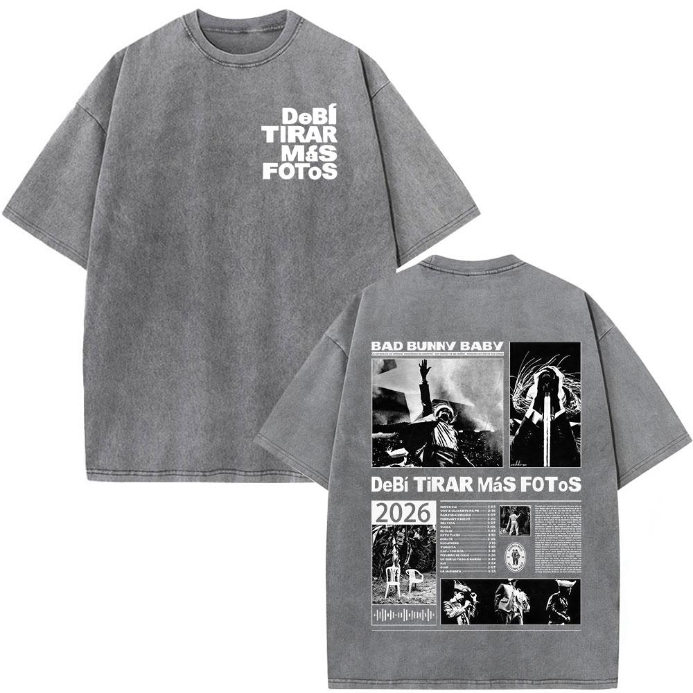 Washed Vintage Rapper Bad Bunny Tshirt Debi Tirar Mas Fotos DTMF World Tour T Shirts Men Women Fashion Hip Hop ONeck Tshirts