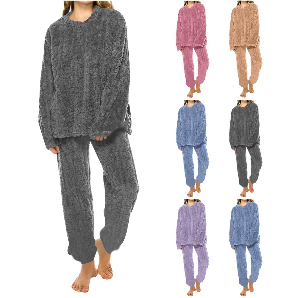 Set Pigiama da Donna con Fodera in Pile e Ispessito, Girocollo, Pantaloni Lunghi