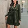 Long-sleeved v-neck velvet dress women's new elegant retro style loose short skirt