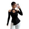 Spring Autumn Hollow Out Off Shoulder Applique Ruched Curved Hem Slim Flattering Versatile Top Fashion Casual Slim Fit Ladies Elegant Top