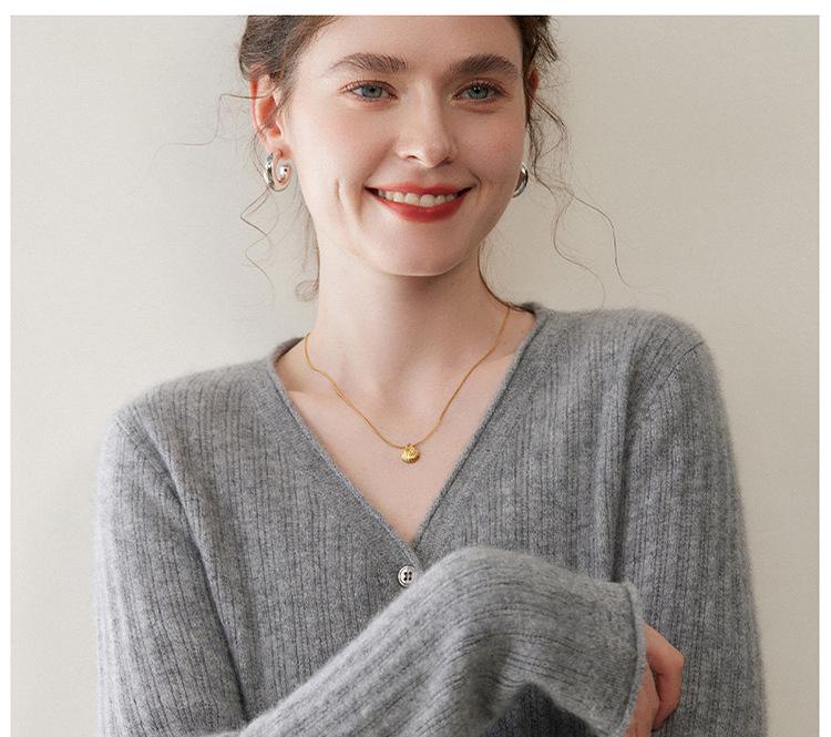Women's Ribbed V-Neck Cashmere Cardigan - Long Sleeve, Loose Fit, Casual Base Layer Sweater.