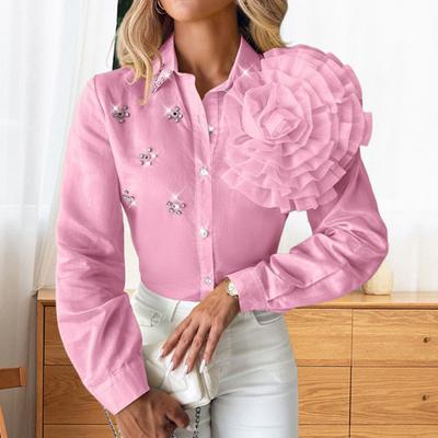 Dames Overhemd Revers Enkelrijgsknoop Kleur Driedimensionaal Overhemd Tops Effen Lange Mouw Bloemen Decor Strass Overhemd