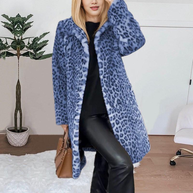 Damen S Kunstpelz Leo-Print Mittellanger Dicke Mantel