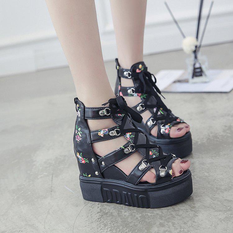 

Летние женские римские сандалии 2020 года: Перекрестный ремешок в тон, каблук-танкетка 12 см, открытый носок 41 чёрный