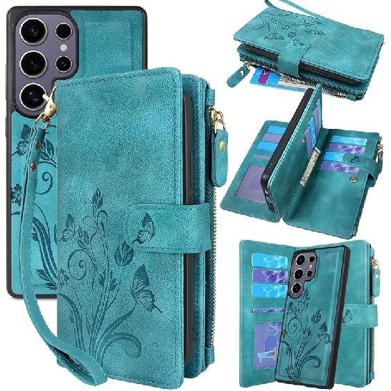 Lacass Case Wallet for Samsung Galaxy S25 Ultra, [12 Card Slots] ID Credit Cash Holder Zipper Pocket Detachable Leather Wallet Cover with Wrist Strap