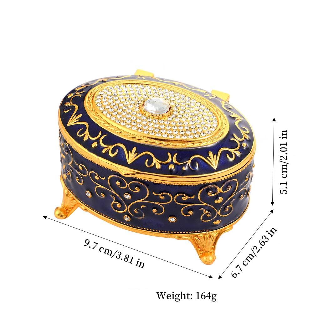 European Style Mini Jewelry Storage Box Organizer Portable Ellipsoid Inlaid Gem Alloy Necklace Ring Storage Dresser Display Case