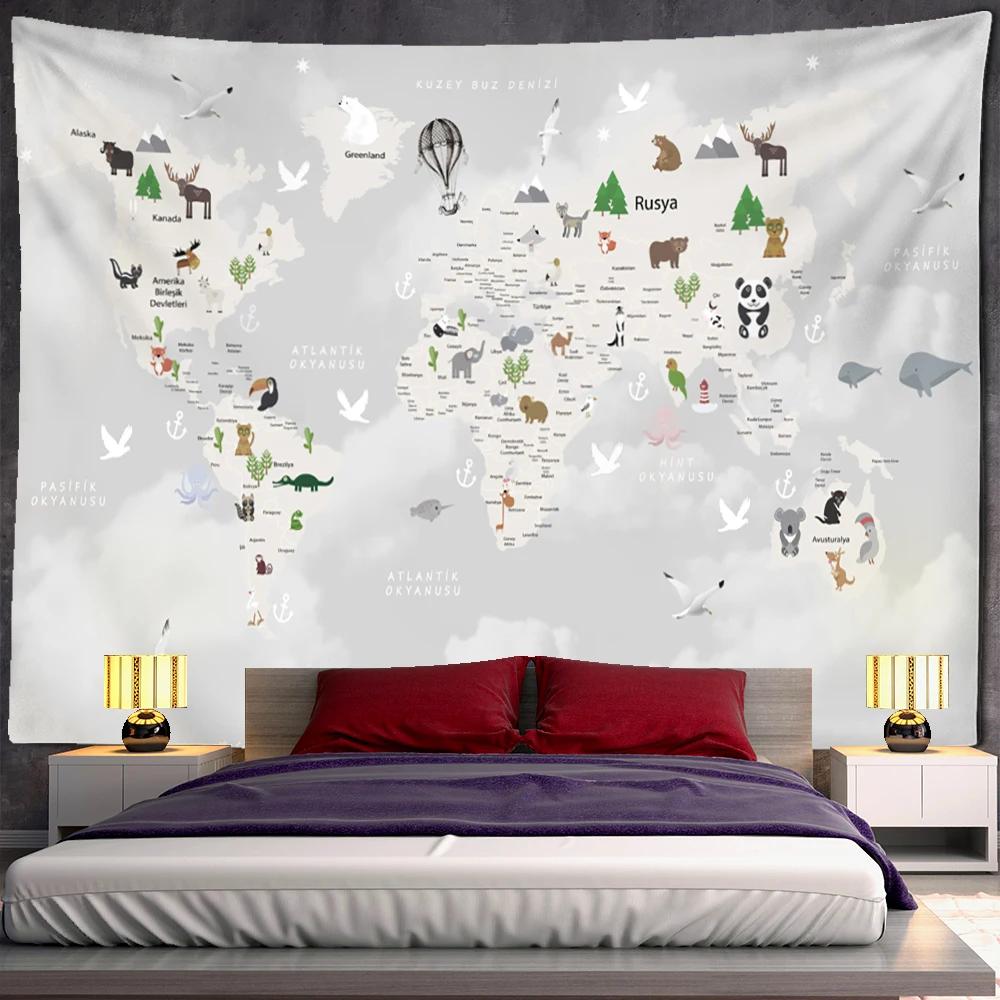 Cartoon Animals Distribution Map Tapestry Wall Hanging Simple Style Cute Hippie Children Kawaii Room Home Decor