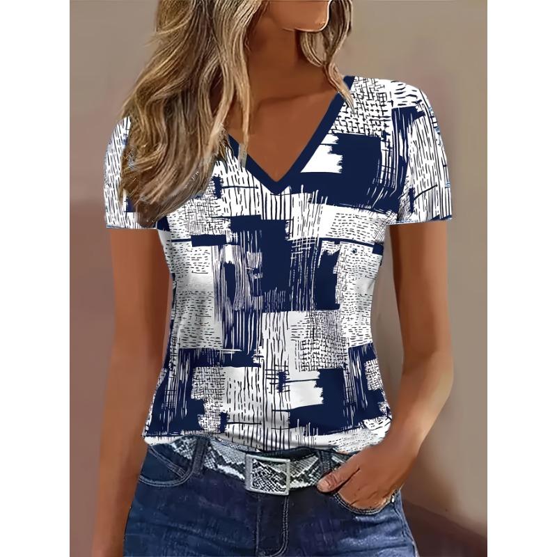 

Women s abstract art geometric pattern print V-neck short-sleeved T-shirt, spring and summer S