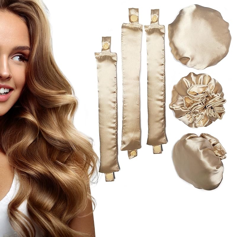 

3Sets/6PCS Ariuvor Satin Heatless Hair Rollers for Overnight Curls, Soft Headband Rods with Hair Caps for All Hair Types (3-golden) бежевий