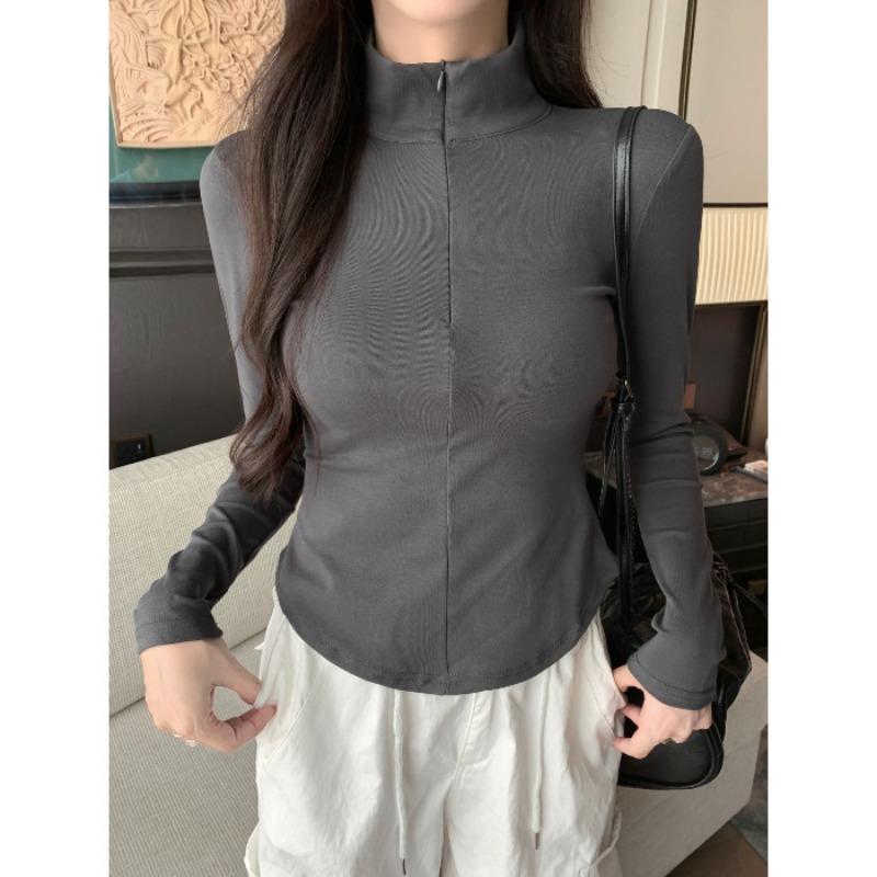 

Женская осенне-зимняя однотонная футболка с длинным рукавом и полуворотником на молнии, теплая, прилегающая, короткий топ XL темно-серого