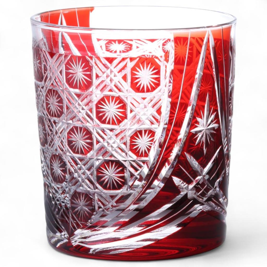 Mizukage Kiriko Glass Waterfall Current Model J-kitchens Cup, 80xH90mm, 280cc, Pattern, Red, Bisho,