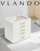 Vlando Glass Lid 5-Drawer Jewelry Box for Women, Organizer for Necklaces, Rings, Earrings, Bracelets, and Accessories (White)