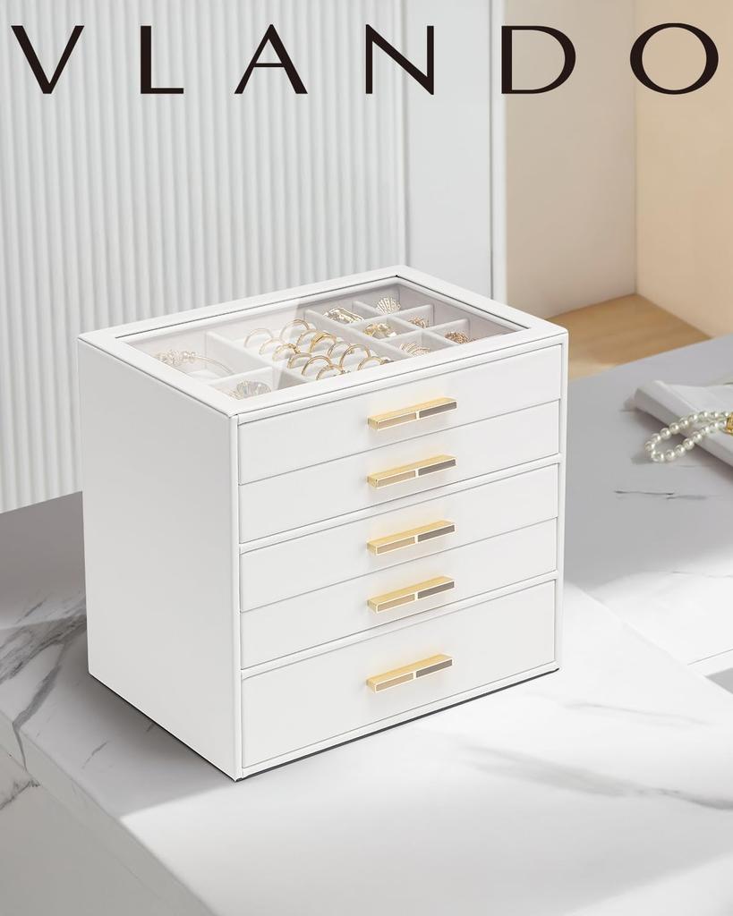 Vlando Glass Lid 5-Drawer Jewelry Box for Women, Organizer for Necklaces, Rings, Earrings, Bracelets, and Accessories (White)