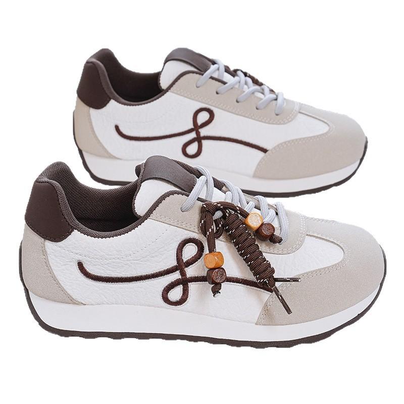 Soft leather ugly cute height-increasing German training shoes 22 autumn thick-soled beaded lace-up casual sports shoes
